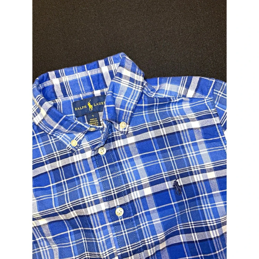 Ralph Lauren Boys Blue White Plaid Button-Down Cotton Shirt Long Sleeve Size 7